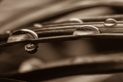 Close-up of water drops on metal