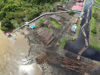 High angle view of trees and bridge in city