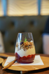 Close-up of drink served on table