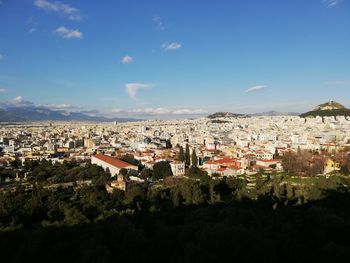 High angle shot of townscape against sky