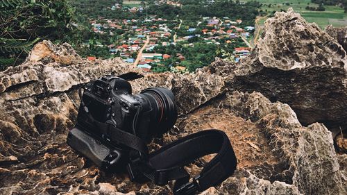 High angle view of garbage on rock