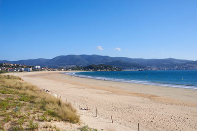 Scenic view of beach against clear blue sky