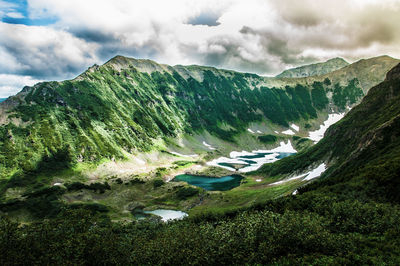 Scenic view of river with mountains in background