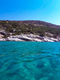 Scenic view of sea against clear blue sky