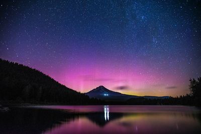 Scenic view of illuminated mountains against sky at night