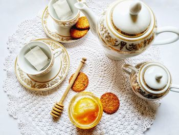 High angle view of tea cup on table