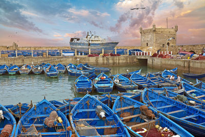 Boats at the harbor from essaouria in morocco. at sunset