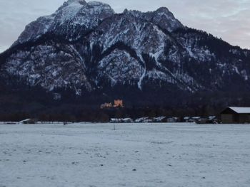 Scenic view of snowcapped mountains and trees during winter