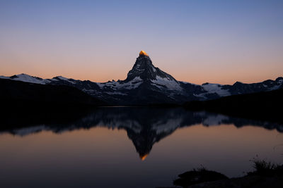 Scenic view of snowcapped mountains against sky during sunset