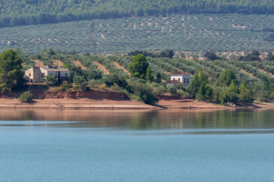 Scenic view of lake by buildings