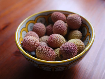 High angle view of strawberries in bowl on table