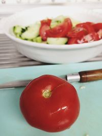 High angle view of tomatoes in bowl on table