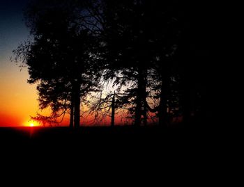 Silhouette trees on landscape against sky at sunset