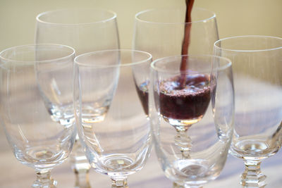 Close-up of wine glasses on table