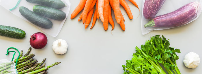 High angle view of chopped vegetables on table