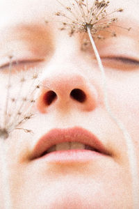 Close-up of woman with dandelions on face