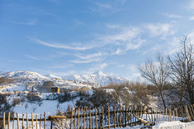 Beautiful snowy winter in the mountains of uzbekistan, chimgan village. mountain landscape opening