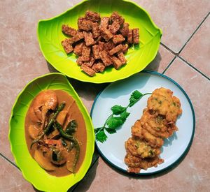 High angle view of breakfast served on table