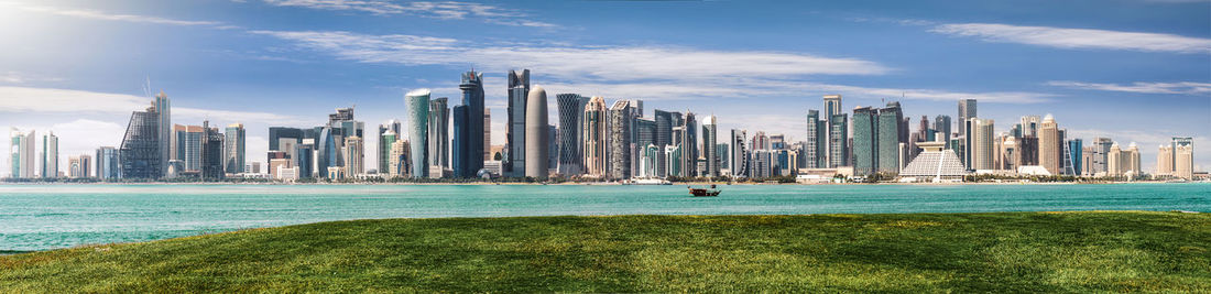 Panoramic view of modern buildings against sky in city