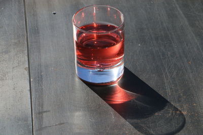 Close-up of red wine in glass on table