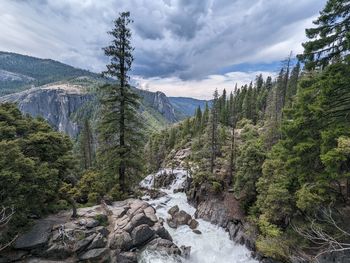 Scenic view of river amidst mountains against sky