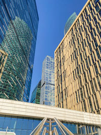 Low angle view of modern buildings against clear blue sky