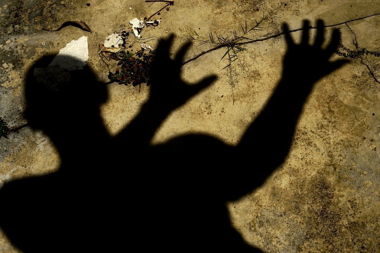 HIGH ANGLE VIEW OF SILHOUETTE PEOPLE HOLDING SHADOW AGAINST WALL