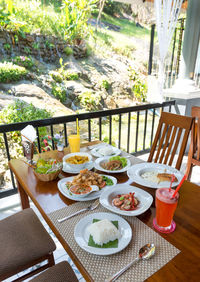 High angle view of breakfast on table