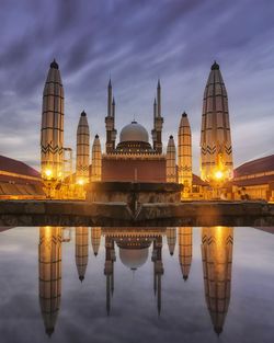 Reflection of temple in water at night