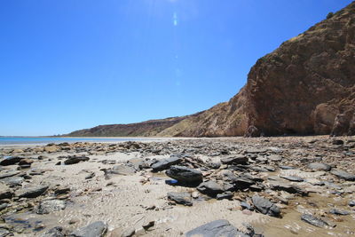 Surface level of calm beach against clear blue sky