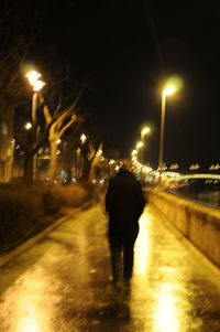 Rear view of woman walking on illuminated city at night