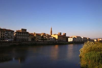 Buildings in city against clear blue sky