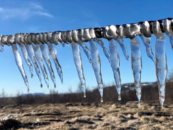 Close-up of icicles hanging against sky