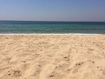 Scenic view of beach against blue sky