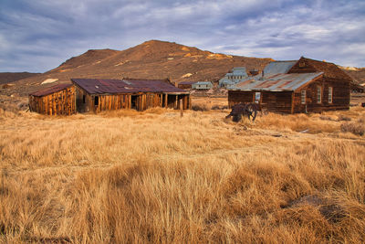 Abandoned houses on field against sky