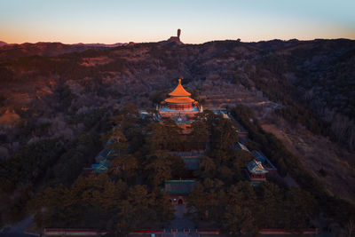 High angle view of the temple building at sunset