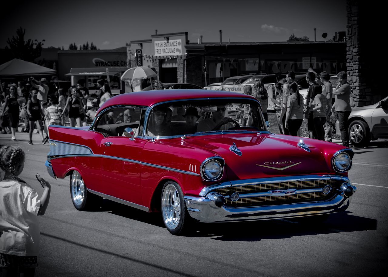 transportation, mode of transport, land vehicle, car, street, old-fashioned, old, outdoors, day, sun, no people, motor vehicle, red, parked, history