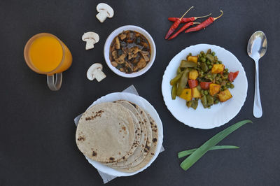 High angle view of breakfast on table