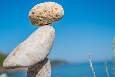 Close-up of rocks against clear blue sky
