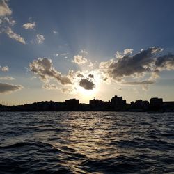 Panoramic view of sea and buildings against sky during sunset