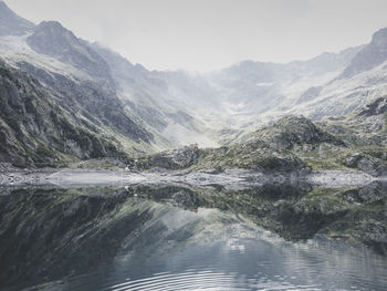 Scenic view of lake by mountains against sky