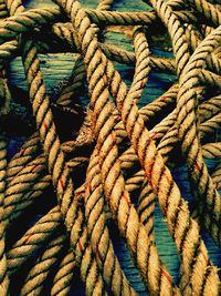 High angle view of rope on pier