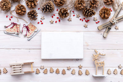 Directly above shot of christmas decorations on table