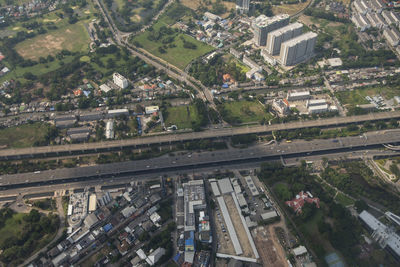 High angle view of buildings in city