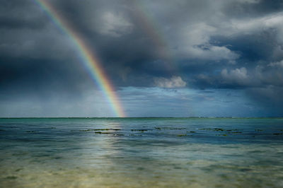 Scenic view of rainbow over sea against sky