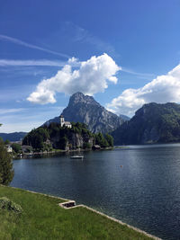 Scenic view of lake by mountains against sky