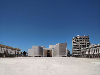 Exterior of modern buildings against clear blue sky