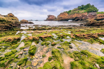 Rocky shoreline of biarritz, low angle view 