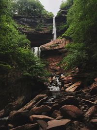 Water flowing through rocks in forest