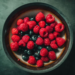 High angle view of strawberries in bowl